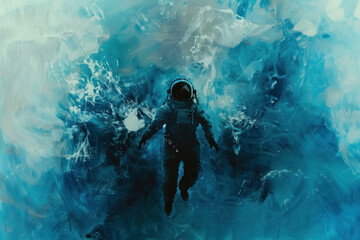 Submerged Solitude: Astronaut Drifting in the Vast Blue Ocean Depths - obrazy, fototapety, plakaty
