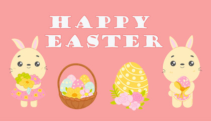 Cute Easter card set. Spring collection of bunnies, colorful Easter eggs and decorations. For poster, card, scrapbooking , stickers