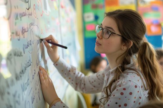 young female teacher writing on a whiteboard in classroom