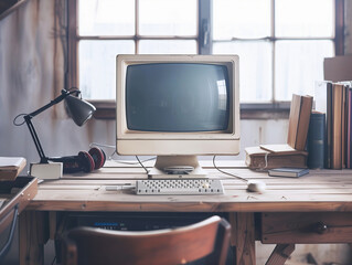 Vintage retro abandoned coworking office in dusty dirty room with vintage PC personal computer, keyboard. Media services, new digital world, end of analog devices, streaming services concept image.