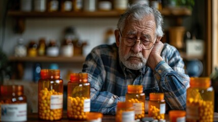 Senior person sitting at a table with medication in front of them, looking at the pills with confusion and hesitation - obrazy, fototapety, plakaty
