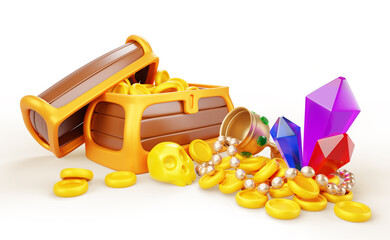 Treasure chest and heap of gold coins, jewelry and gems 3d render. Cartoon isolated pirate wooden box with money pile, diamonds, pearl necklace, goblet with precious rocks and skull. 3D illustration