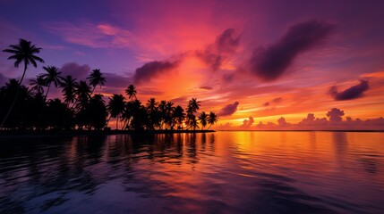 Fototapeta na wymiar Tranquil Maldivian Sunset: Vibrant Sky Over Calm Ocean, Palm Trees Silhouetted, Wide-Angle Photography