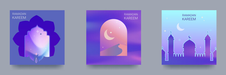 Ramadan Kareem Set of Posters, Holiday Covers, Flyers. Contemporary design in vibrant gradients with mosque, crescent, traditional patterns, arched windows. Vector
