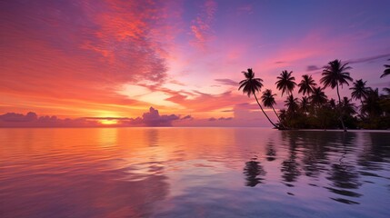 Fototapeta na wymiar Tranquil Maldivian Sunset: Vibrant Sky Over Calm Ocean, Palm Trees Silhouetted, Wide-Angle Photography