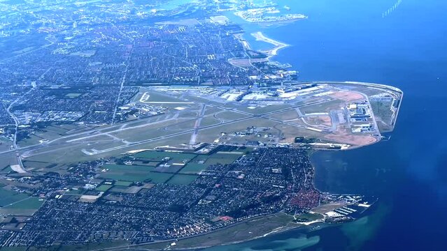 Aerial view of the Copenhagen Airport seen from an airplane
