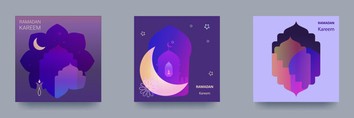 Ramadan Kareem Set of Posters, Holiday Covers, Flyers. Contemporary design in vibrant gradients with mosque, crescent, traditional patterns, arched windows.