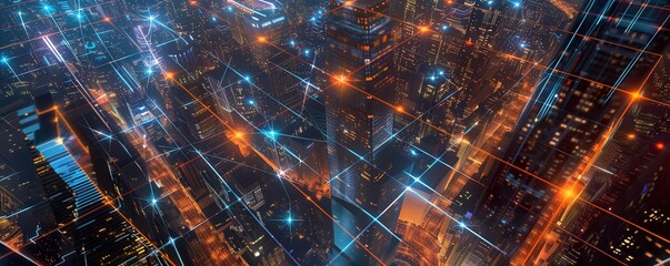 Digital network lines and nodes superimposed on a vibrant night cityscape, symbolizing connectivity	 - obrazy, fototapety, plakaty