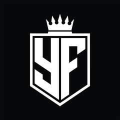 YF Logo monogram bold shield geometric shape with crown outline black and white style design