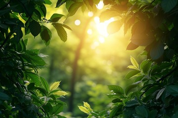 Scenic forest of fresh green deciduous trees framed by leaves, with the sun casting its warm rays...