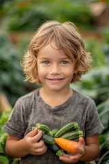 Portrait of a blond boy holding vegetables in his hands