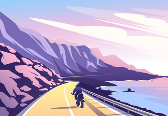 Vector illustration of a motorcyclist riding along a winding mountain road along the sea coast