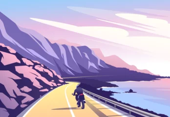 Fotobehang Vector illustration of a motorcyclist riding along a winding mountain road along the sea coast © rikkyal