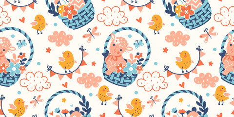 Spring Easter seamless wallpaper with cute lamb, Easter eggs and chickens. Bright holiday backdrop. Happy Naive pattern