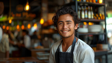 teenager hispanic boy working in a restaurant as a waiter, he is smiling giving good attention. 