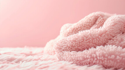 Soft and fluffy pink blanket on a pastel  background. Minimal baby girl shower invitation. Welcome greeting card for childbirth 