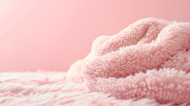 Soft and fluffy pink blanket on a pastel  background. Minimal baby girl shower invitation. Welcome greeting card for childbirth 
