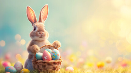 Cute Easter bunny holding a basket full of colorful Easter eggs