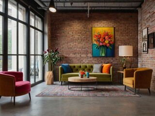 Creative office with wooden doors, sofa and tables, with people back wall made up of bricks vase with colorful flower