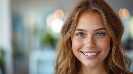 The camera captures the captivating smile of a young woman with striking blue eyes and flawless skin, set against a soft and blurred interior backdrop