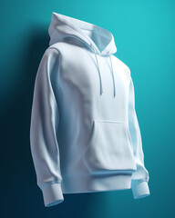 white hoodie blank empty 3d mock-up, blue background сreated with Generative Ai