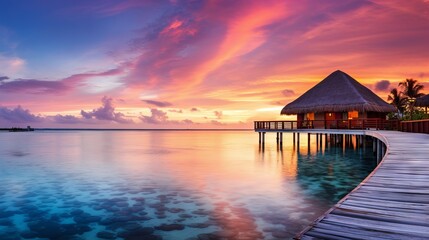 Exquisite Maldives Sunset: Luxury Resort Villas Amidst Colorful Skies, Canon RF 50mm Capture