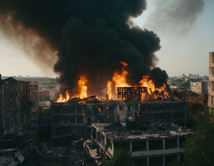 Fototapeta premium Warzone cityscape with fire and destruction