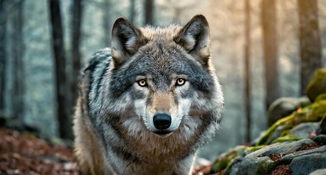 Gray wolf looking in the camera close up shot