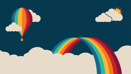 Cute vector design with hot air balloons and rainbow over the clouds