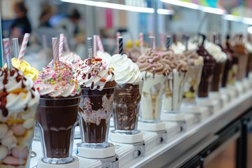 A milkshake bar with a variety of toppings and flavors on display