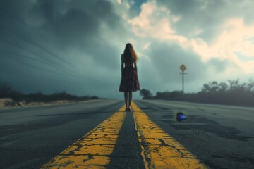 The girl is standing in the middle of the road with her back. The concept of travel