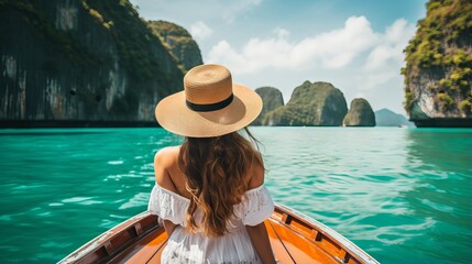 Happy Tourist Woman in White Summer Dress Relaxing on Boat at Stunning Phi Phi Islands, Krabi: Travel Concept for Thailand
