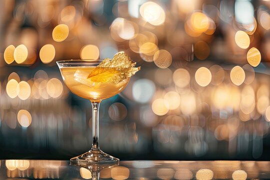 A sophisticated cocktail with edible gold leaf garnish on a sleek bar