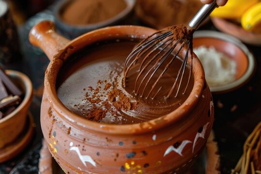 A traditional Mexican hot chocolate being whisked in a clay pot