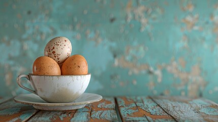 Eggs in a teacup on wooden table - obrazy, fototapety, plakaty