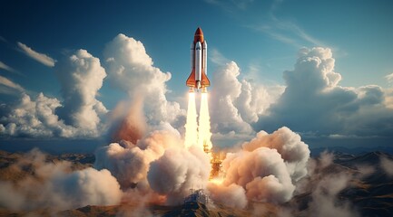 a space shuttle taking off from a rocket launch - obrazy, fototapety, plakaty