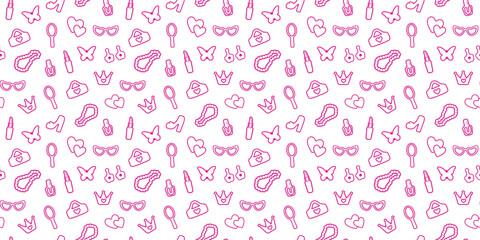 seamless, pink pattern. Pattern with contour details for a girl. Shoes, lipstick, earrings, glasses, jewelry, heart. Print on textiles, paper, banner. art vector illustration. barbie  style
