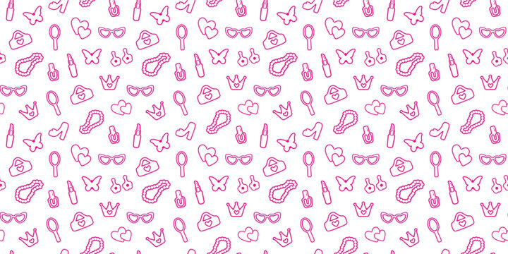 seamless, pink pattern. Pattern with contour details for a girl. Shoes, lipstick, earrings, glasses, jewelry, heart. Print on textiles, paper, banner. art vector illustration. barbie  style