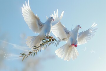 A pair of pristine white doves in flight against a clear blue sky, carrying olive branches as a universal symbol of peace for International Day for Mine Awareness.