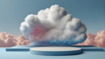 Cloud background podium blue 3d product sky white display platform render abstract stage pastel scene. Podium stand light minimal cloud background studio dreamy pedestal backdrop png smoke geometric