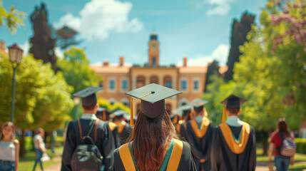 Graduating students with regalia and caps on the back