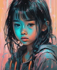 Portrait of an Asian child girl with sad emotions.
