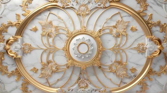 symmetrical background, 3d wallpaper ceiling design model. decorative frame on a luxurious background of gold and white marble and mandala.