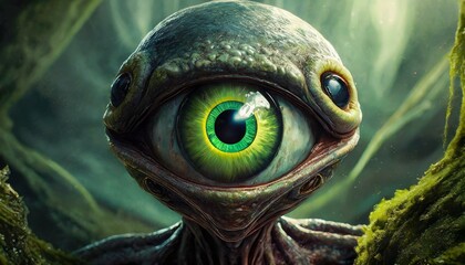 A green alien with big eyes, other planet creature, scary