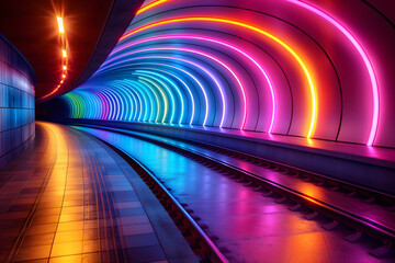 Subway Tunnel With Neon Lights at Night