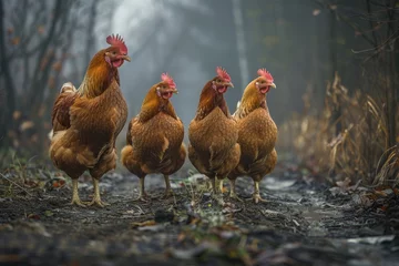 Fotobehang Chickens walk around the yard © Tetiana Kasatkina