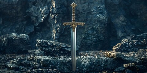 The Legendary Sword in the Stone: King Arthur's Excalibur. Concept Medieval Legends, Mythical Weapons, Knights of the Round Table, Camelot, Sword of Power - obrazy, fototapety, plakaty