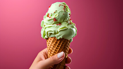 A mint ice cream on a red background. 