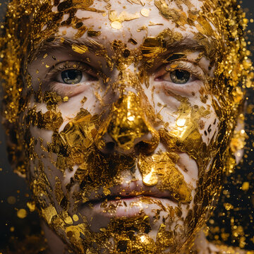 Close up eines Mannes mit Goldfolie im Gesicht