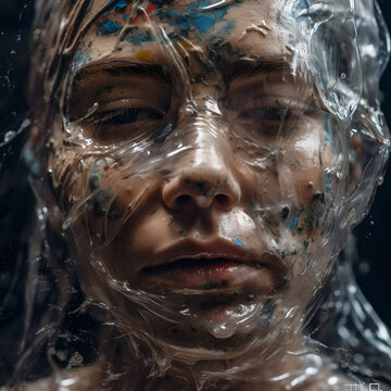 Close up einer Frau mit transparentem Schleim und Farbe im Gesicht